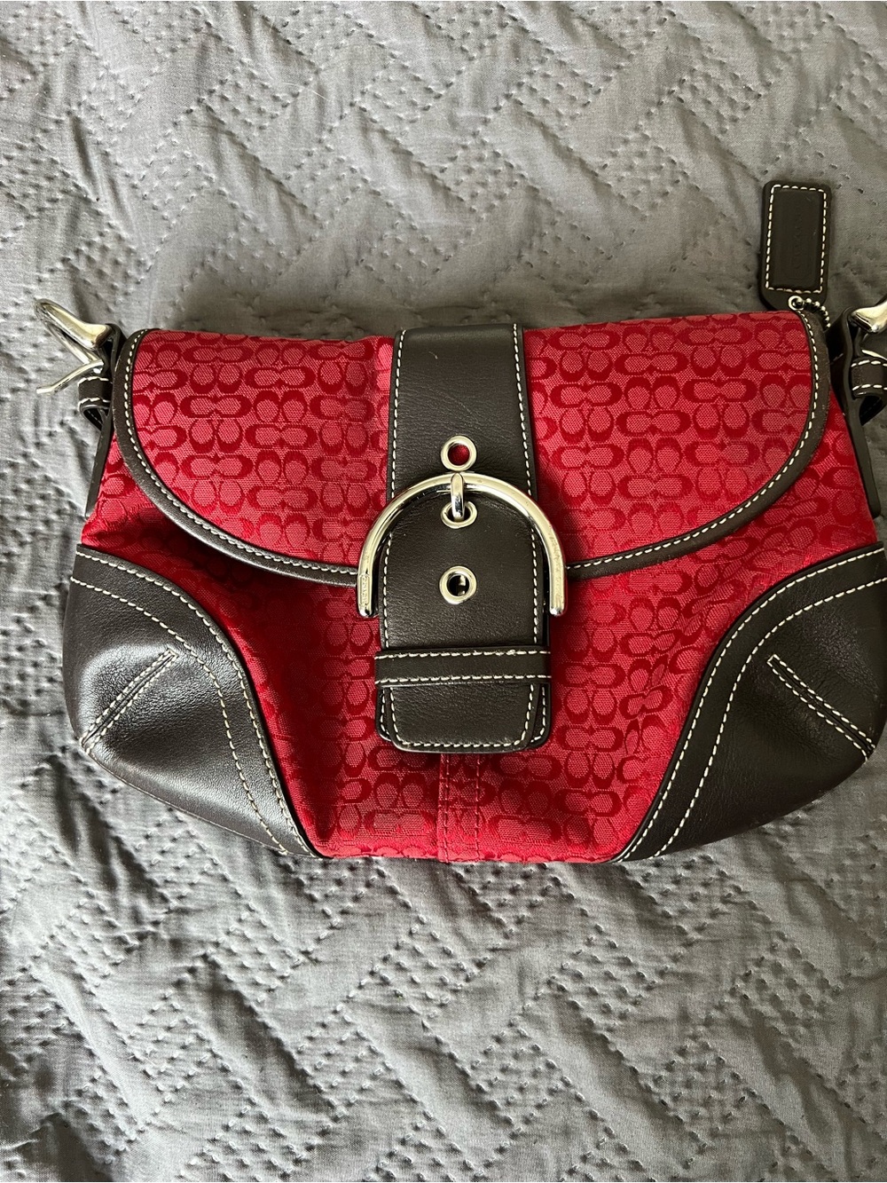 Coach Red Signature Canvas Shoulder Bag with Dark Brown Leather Trim